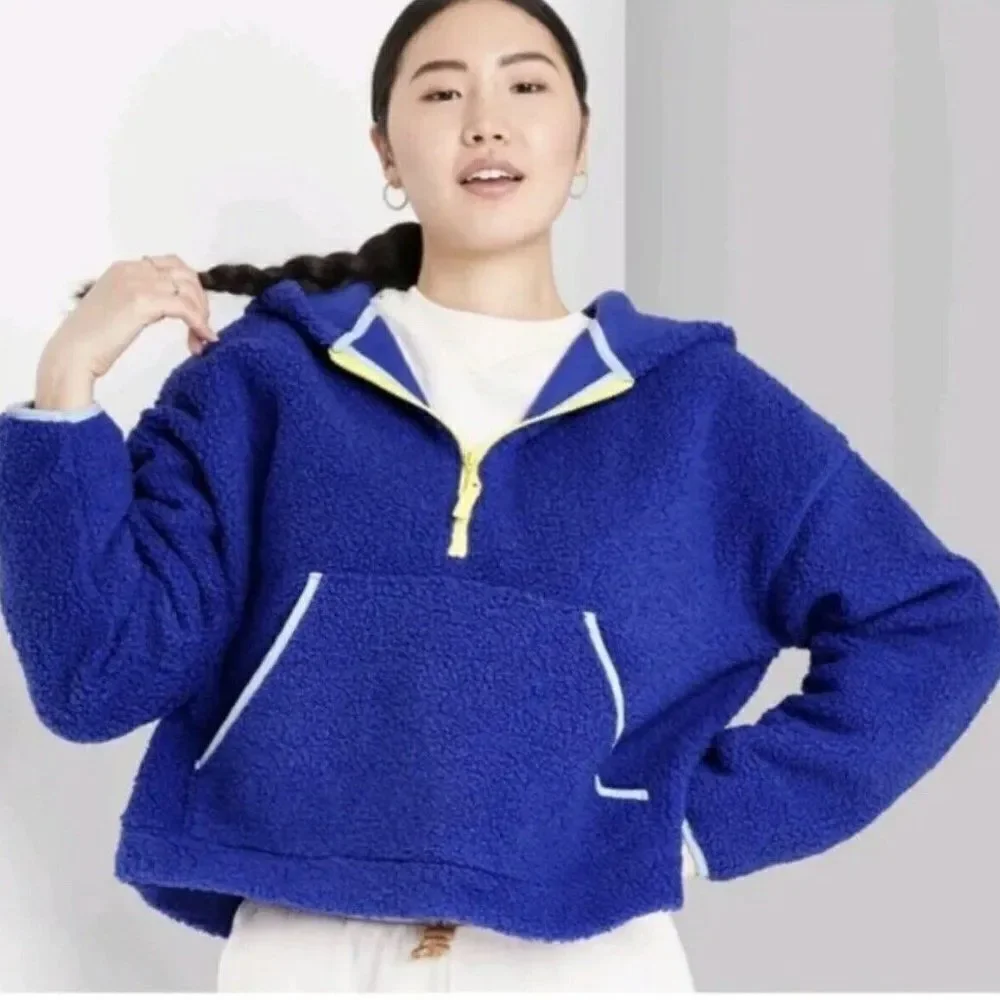 NWT Target Wild Fable Blue Hooded Sherpa Pullover Quarter Zip Sweatshirt Size L - Picture 2 of 9